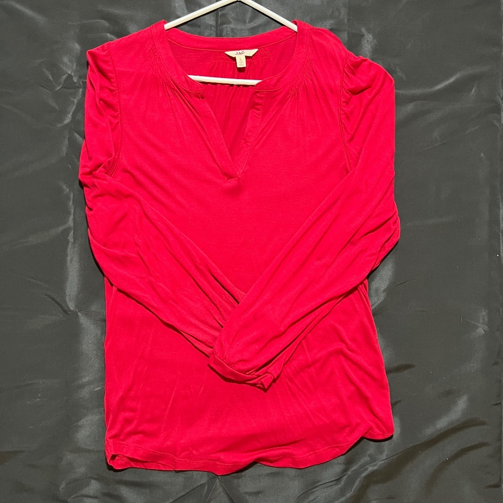 Jag Long Sleeved Split Neck Red Tee